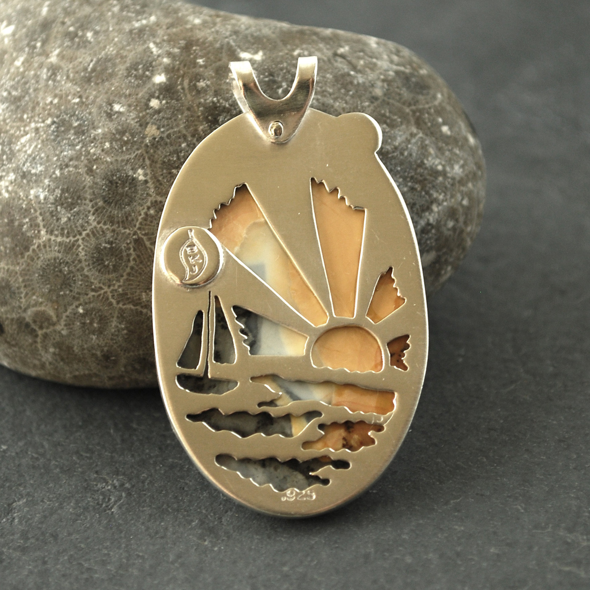 Maligano Jasper Silver Pendant with Citrine, Ocean Sailboat Scene