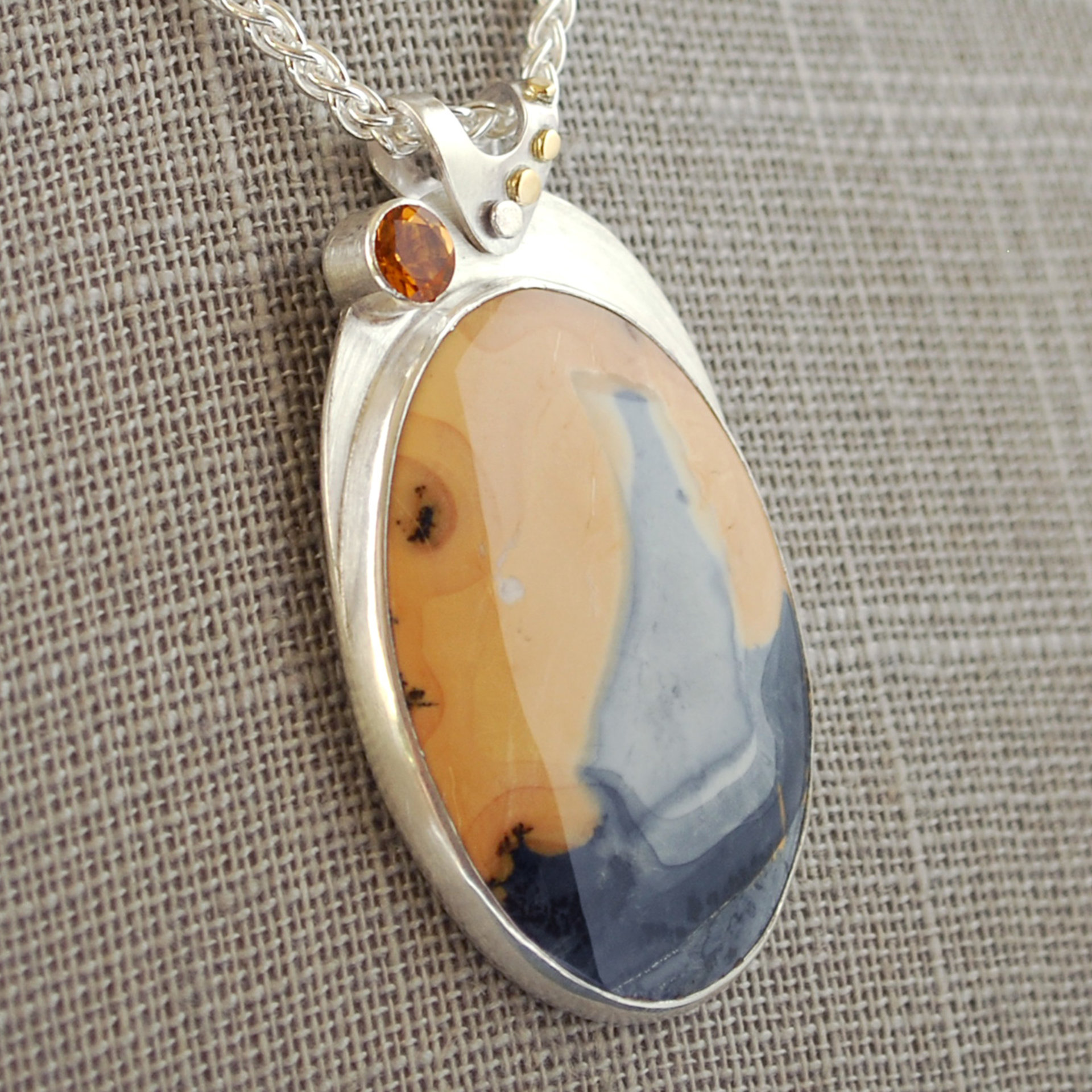Maligano Jasper Silver Pendant with Citrine, Ocean Sailboat Scene