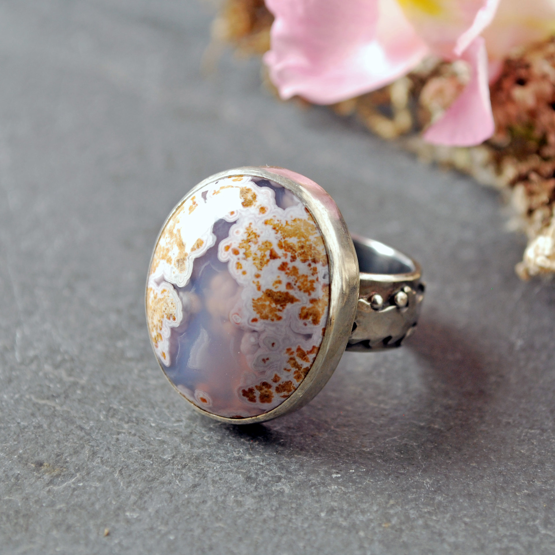 Calico Lace Agate Silver Ring Size 8.75