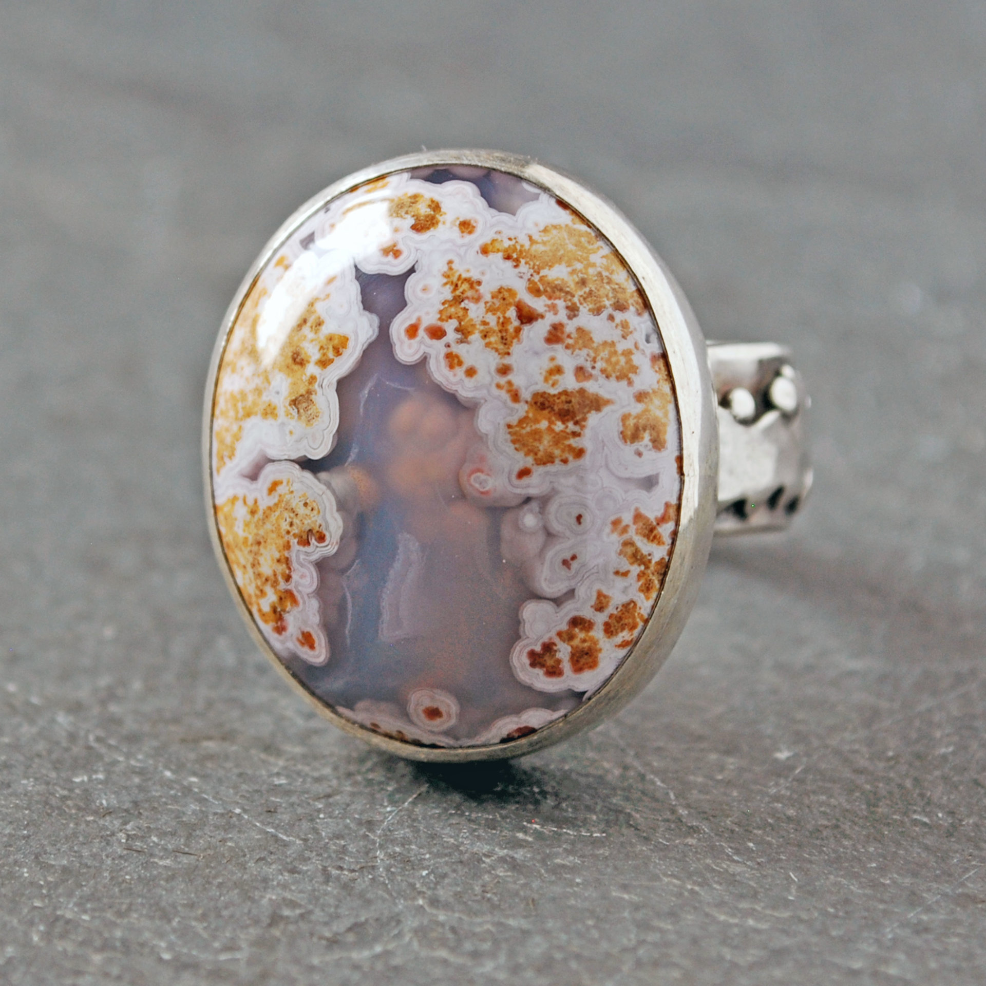 Calico Lace Agate Silver Ring Size 8.75