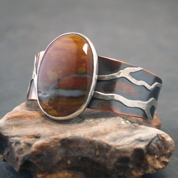 Copper Cuff with Jasper and Silver "rivers"