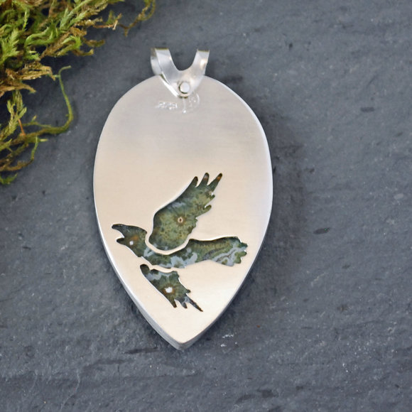 Ocean jasper pendant back: flying raven