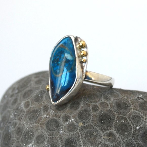 Sterling Silver ring with Peruvian Blue Opal and 18K gold balls