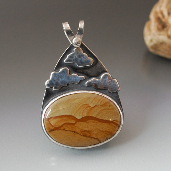 Silver pendant with McDermitt Jasper and silver clouds