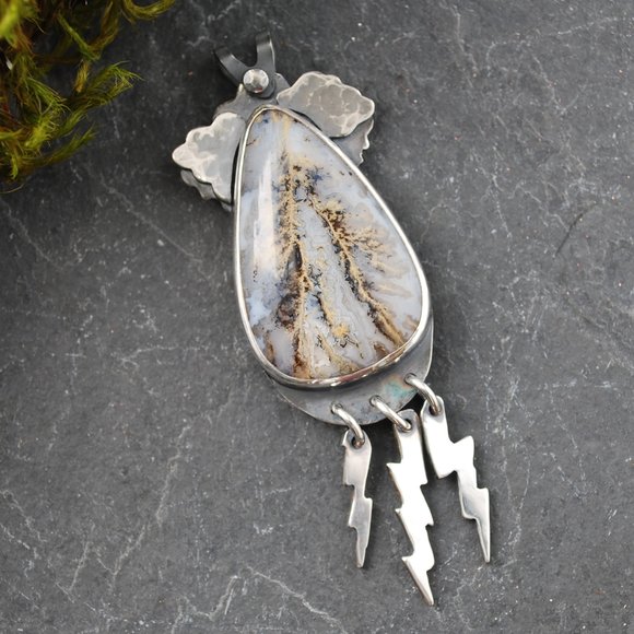 Silver pendant with Graveyard Point Agate (Oregon), silver clouds and dangling silver lightning bolts)