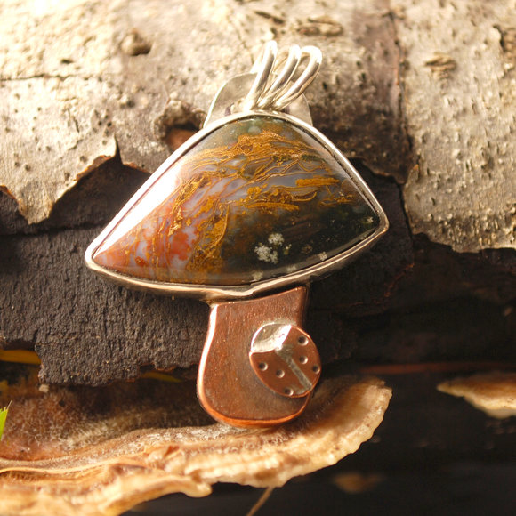 Silver and Copper Mushroom pendant with Agate (Rio Grande agate) and ladybug