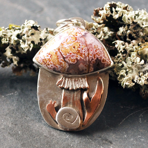 Mushroom pendant with Ocean Jasper mushroom cap, copper and silver snail and copper grass
