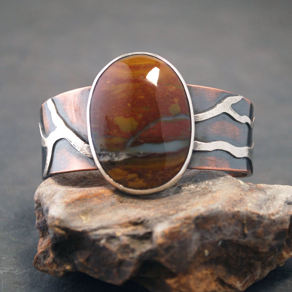 Copper cuff with Jasper and silver "rivers"
