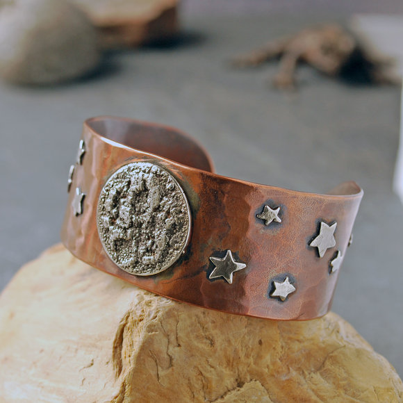 Copper cuff with textured silver moon and silver stars