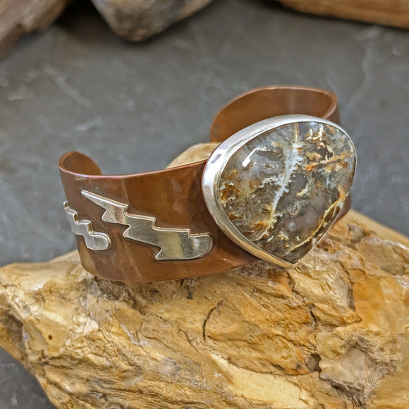 Copper cuff with North Ridge Plume Agate (Oregon), silver lightning bolts
