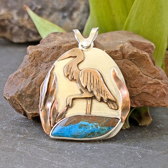 Wetlands pendant: Peruvian blue opal, bronze heron, copper grass