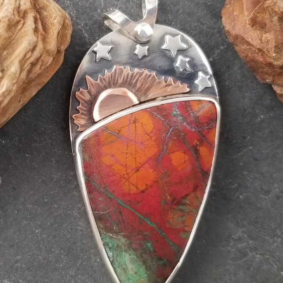 Silver pendant with Sonora Sunset (or Sunrise), Bronze sun with copper rays, silver stars.