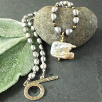 Gray Freshwater Pearl Necklace with Baroque Focal Pearl, Gold Accents