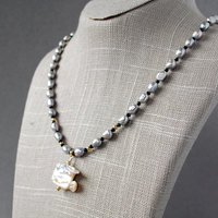 Gray Freshwater Pearl Necklace with Baroque Focal Pearl, Gold Accents