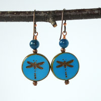 Blue Czech Glass and Apatite Dragonfly Earrings