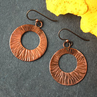Hammered Copper Circle, Hoop Style Earrings