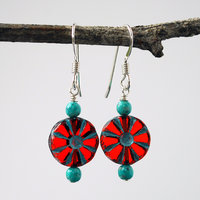Red Czech Glass Flower and Turquoise Earrings