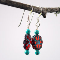 Red Czech Glass Flower and Turquoise Earrings