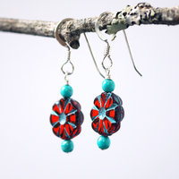 Red Czech Glass Flower and Turquoise Earrings