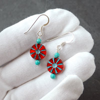 Red Czech Glass Flower and Turquoise Earrings