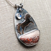 Crazy Lace Agate Pendant with Horse, Moonstone close-up angle