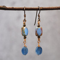 Kyanite, Czech Glass and Bronze Earrings hanging