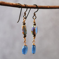 Kyanite, Czech Glass and Bronze Earrings hanging