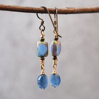 Kyanite, Czech Glass and Bronze Earrings hanging