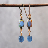 Kyanite, Czech Glass and Bronze Earrings hanging
