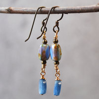 Kyanite, Czech Glass and Bronze Earrings hanging