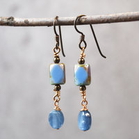 Kyanite, Czech Glass and Bronze Earrings hanging