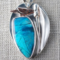 Chrysocolla Pendant with Bird and Cattail close-up