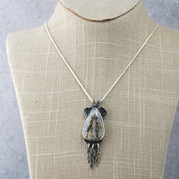 Graveyard Point Plume Agate Pendant with Lightning Bolts, hanging