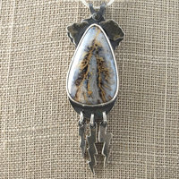 Graveyard Point Plume Agate Pendant with Lightning Bolts, close-up