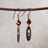 Copper Cougar, Wild Cat Earrings with Tigers Eye, hanging at angle