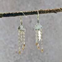 Silver Cloud Earrings with Rain, Lightning hanging, back view