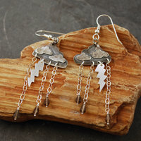 Silver Cloud Earrings with Rain, Lightning on rock