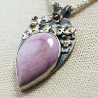 Pink Phosphosiderite Pendant, Silver with riveted Flowers close-up angle