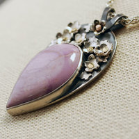 Pink Phosphosiderite Pendant, Silver with riveted Flowers close-up angle