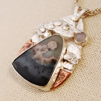 Silver Agate Pendant, Riveted Clouds closeup angle
