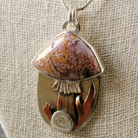 Silver, Copper Mushroom Pendant, with Ocean Jasper, Snail close-up