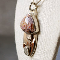 Silver, Copper Mushroom Pendant, with Ocean Jasper, Snail close-up angle