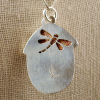 Silver, Copper Mushroom Pendant, with Ocean Jasper, Snail close-up back