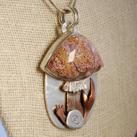 Silver, Copper Mushroom Pendant, with Ocean Jasper, Snail close-up angle