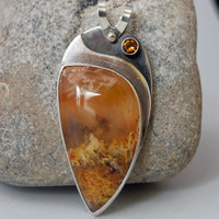 Graveyard Point Plume Agate, Silver and Citrine Pendant