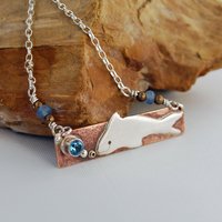 Hammered Bronze Bar Necklace with Happy Silver Fish and Blue Topaz