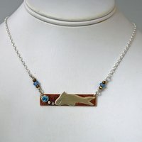 Hammered Bronze Bar Necklace with Happy Silver Fish and Blue Topaz
