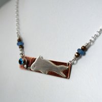 Hammered Bronze Bar Necklace with Happy Silver Fish and Blue Topaz