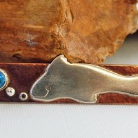 Hammered Bronze Bar Necklace with Happy Silver Fish and Blue Topaz