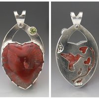 Red Horn Coral and Peridot Heart Pendant with Hummingbird
